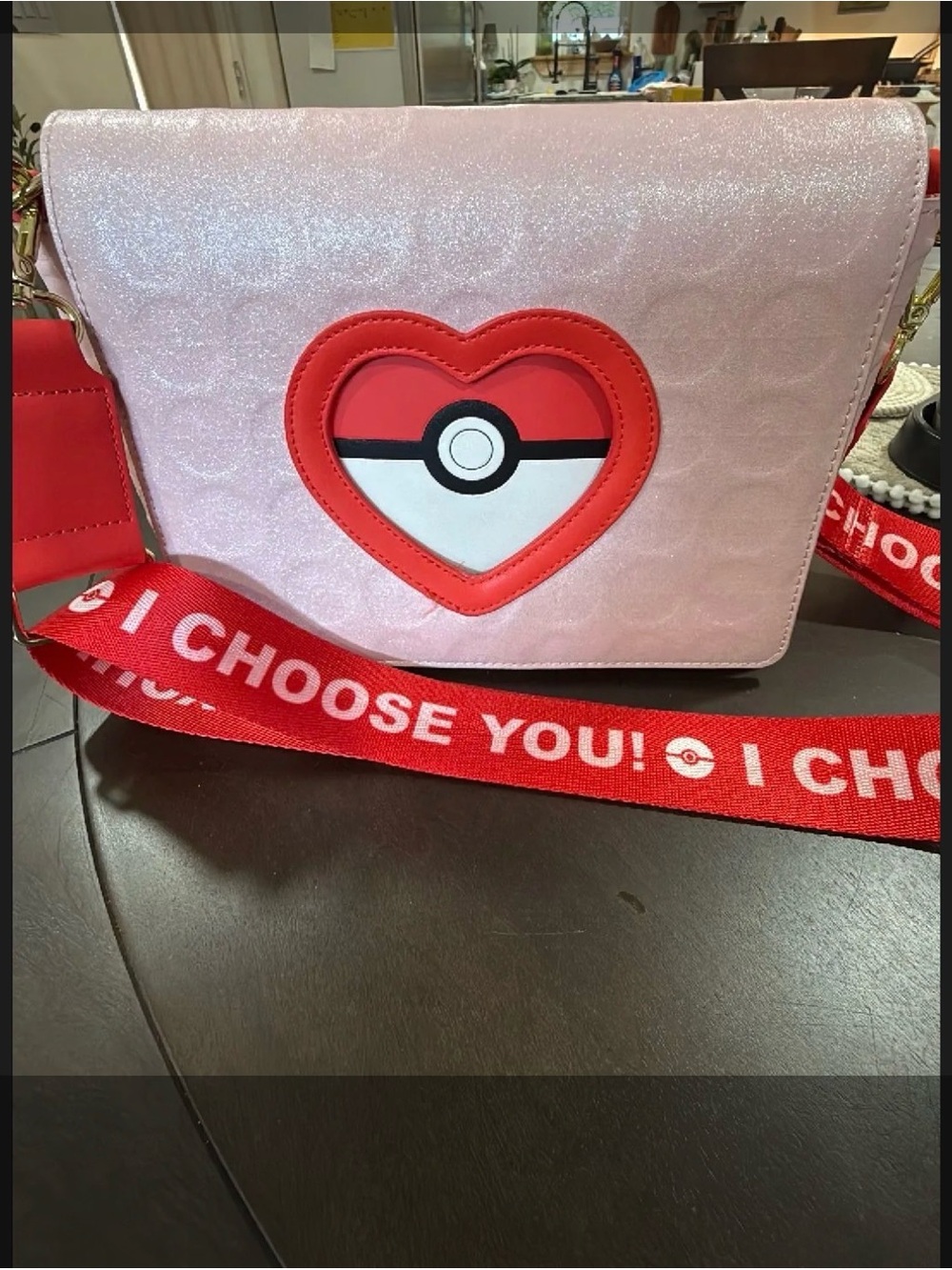 Loungefly Pink Glitter Heart Poké Ball Crossbody with Red Strap